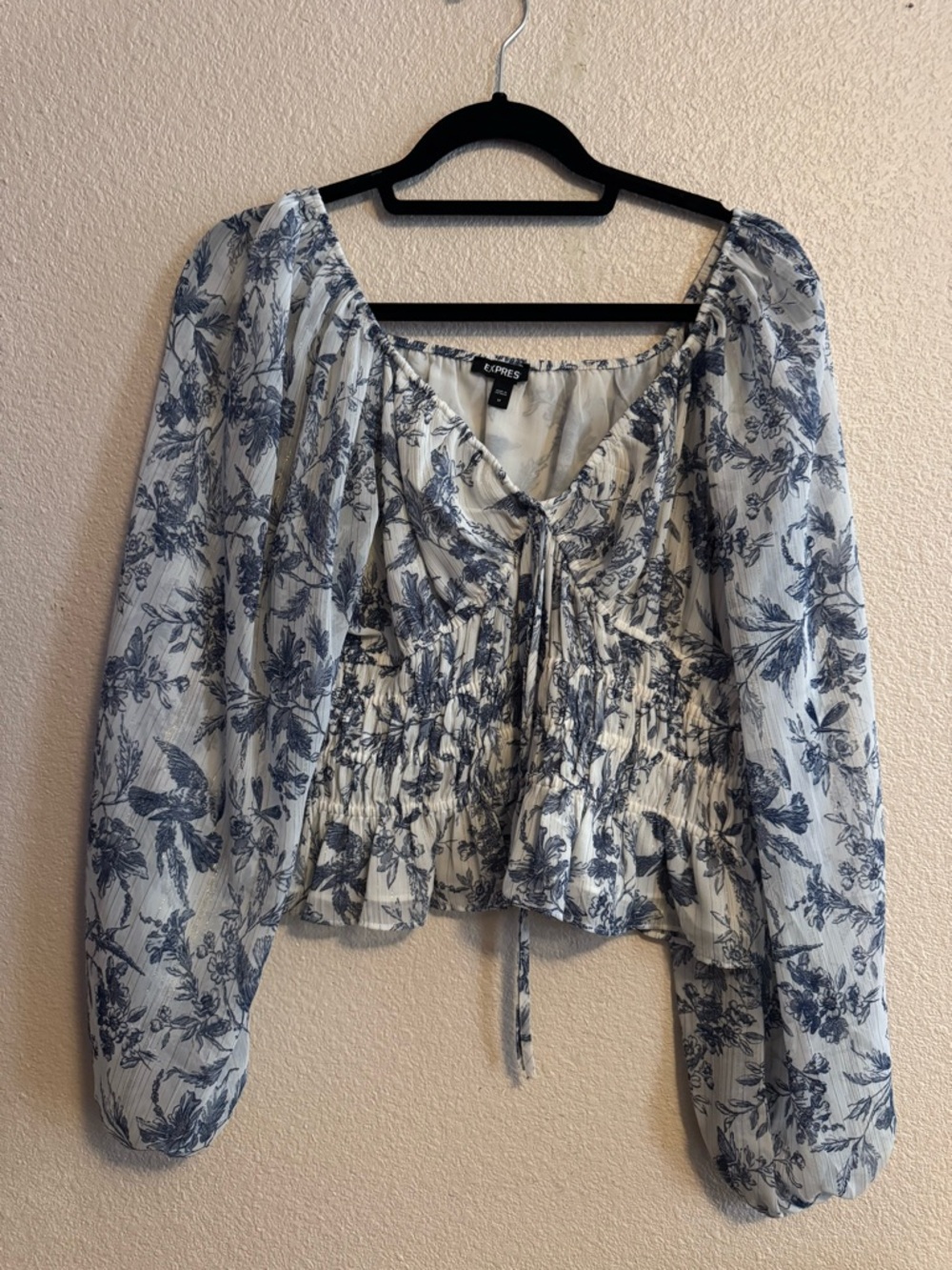 Express White and Blue Floral Smocked Peasant Blouse